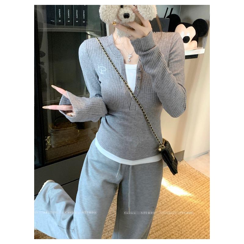 Spring Autumn Fake Two Pieces Casual Fashion Bottomed T-shirt Women Long Sleeve Patchwork Tee Pullover Top