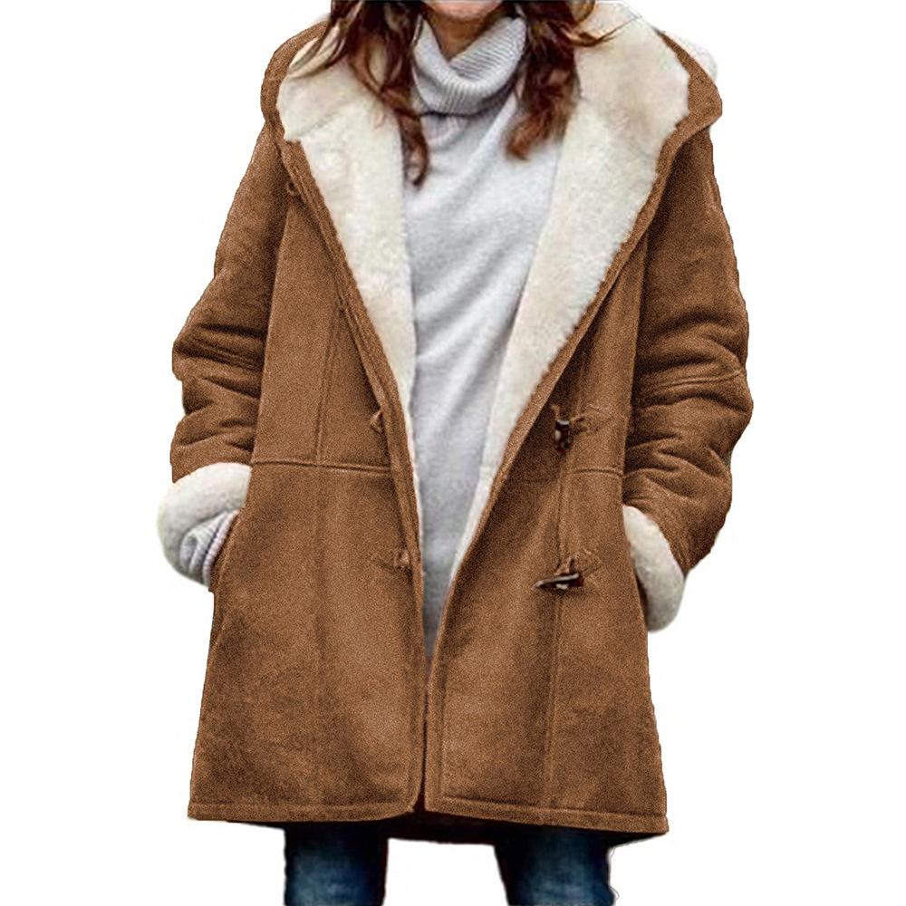 Coat Women's Jacket Cow Horn Buckle Pockets Fleece Lined Hooded Overcoat Outerwear Winter Women