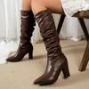 Retro Solid Brown Pu Knee-High Boots Women Winter Pointed Toe High Heel Western Cowboy Boots Slip On Long Booties Plus Size