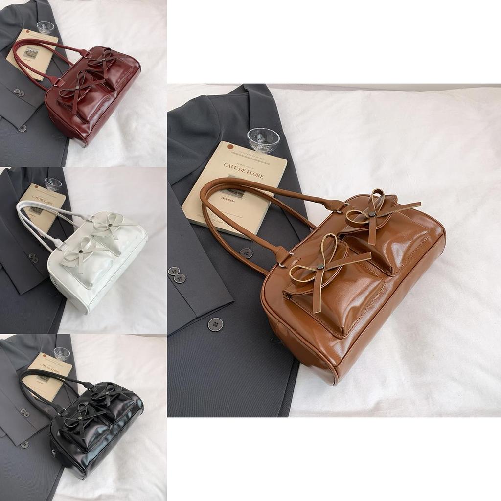Simple Solid Color Bow Decoration Women Large Capacity Shoulder Bag For Daily Casual Use