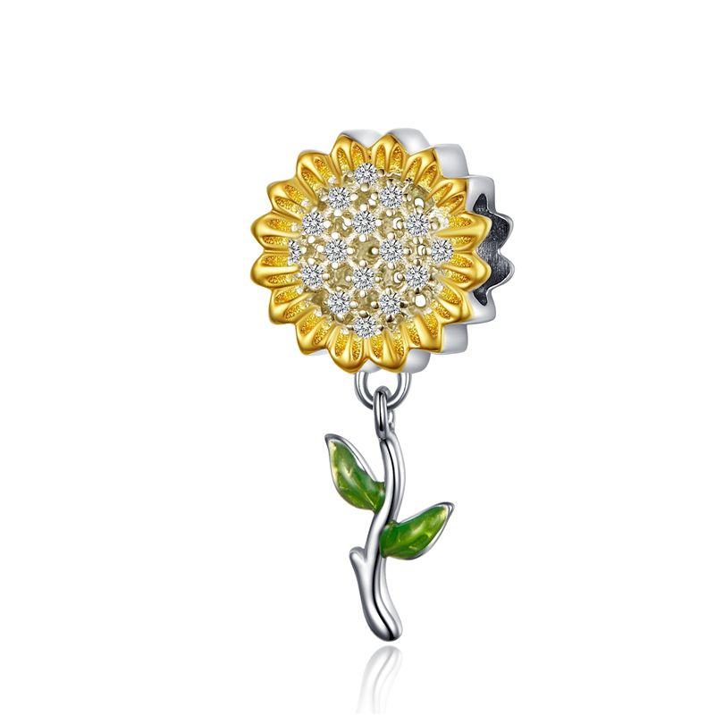 WOSTU Sunflower Charm 925 Sterling Silver Yellow Enamel Beads Fit Original Bracelet Pendant Charms For Jewelry Making CQC1211