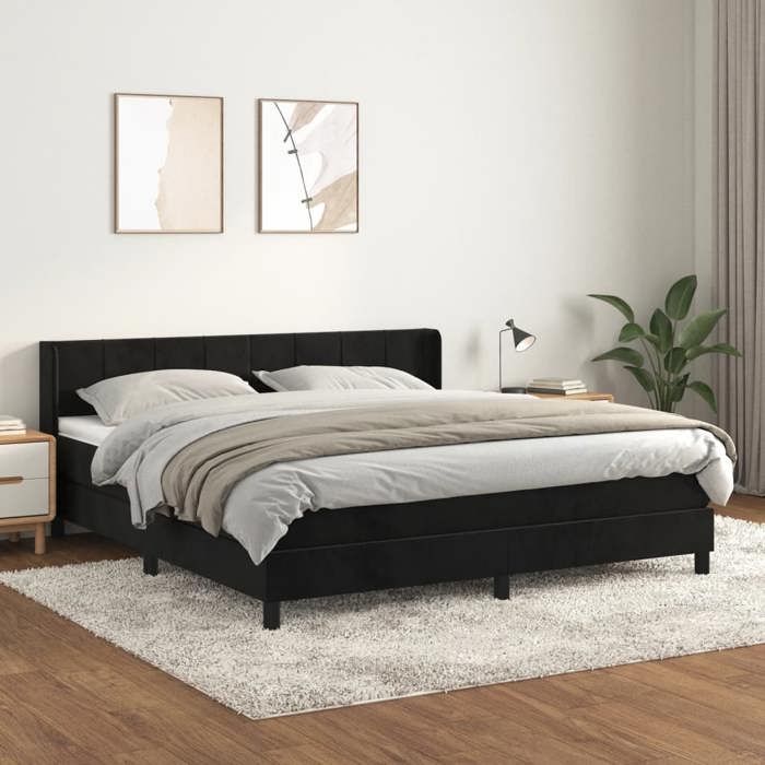 Lit avec sommier et matelas - Maison Exclusive - Noir - 160x200 cm - Velours doux - Tête de lit réglable