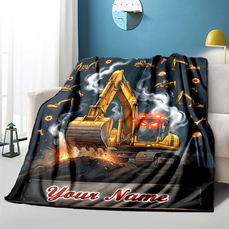1PC Custom Name "Golden Excavator Adventure" flannel blanket versatile,all-season throw suitable for the living room,bedroom,camping,travel,and gift