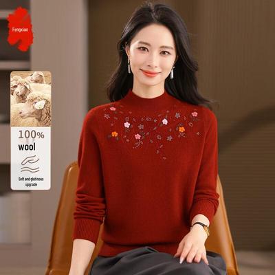 Женский свитер Fengxiao из 100% шерсти с вышивкой и воротником-стойкой