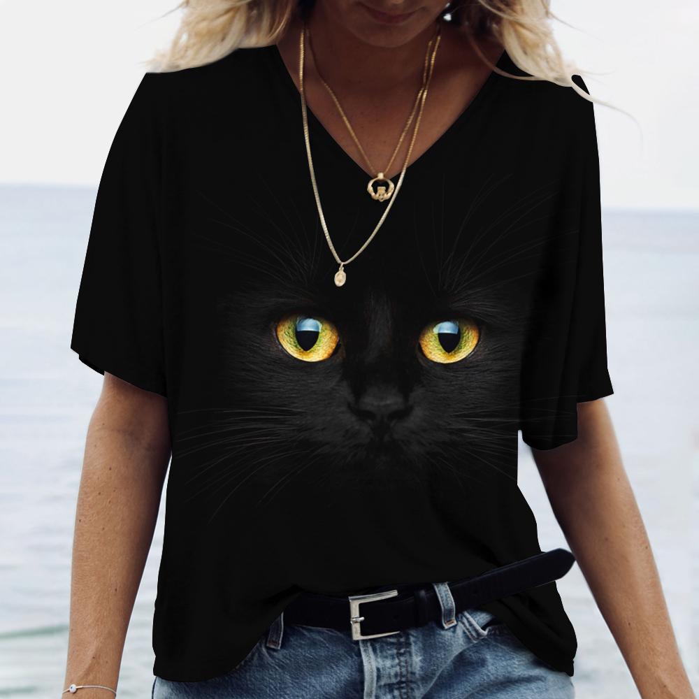 T-Shirt Women's 3D Cats Print Black Kawaii T Shirt Fashion Woman Blouses 2025 Female Clothing Oversized Summer Ladies V-Neck Top