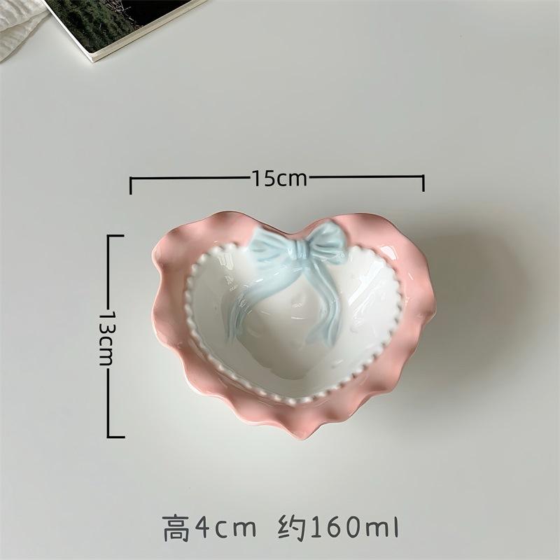 INS Style Korean Style Girl Heart Pink Ceramic Tableware Set Polka Dot Bow Cute Small Bowl Rice Bowl Deep Plates Cute Plates