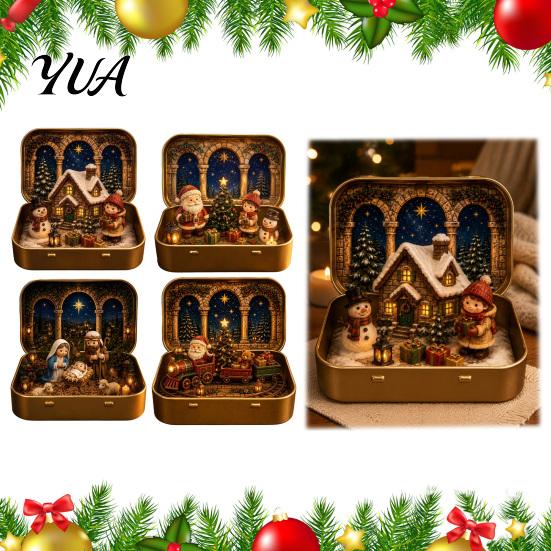 Tiered Scene Decoration Mini Christmas Set in A Tin Box, Pocket Size Holiday Small Tabletop Decor Box with Miniature Figures, Collectible for