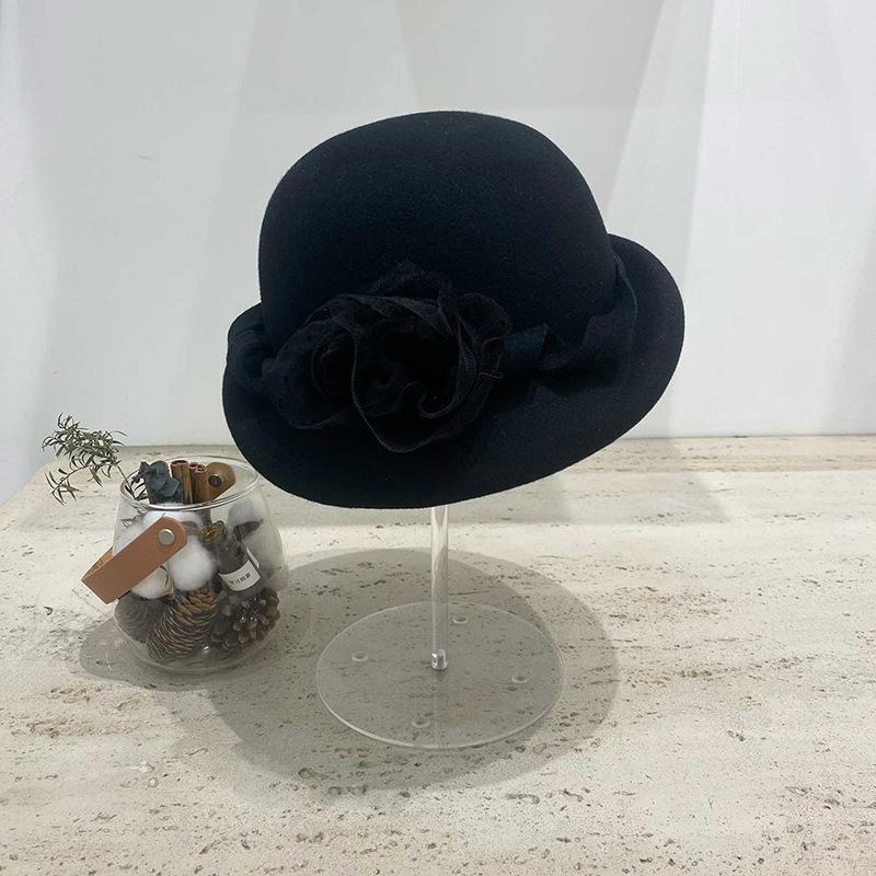 Little Rose~ Flower Mesh Woolen Bucket Hat Elegant Celebrity Wind Curled Top Hat Ladies Autumn And Winter Warmth