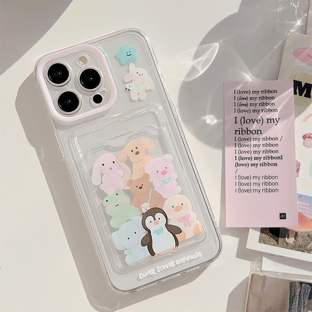 Animal card slot case suitable for Apple 15 Pro Max phone case, iPhone 17 Korean style cartoon, 11 full cover, 13 soft, 16