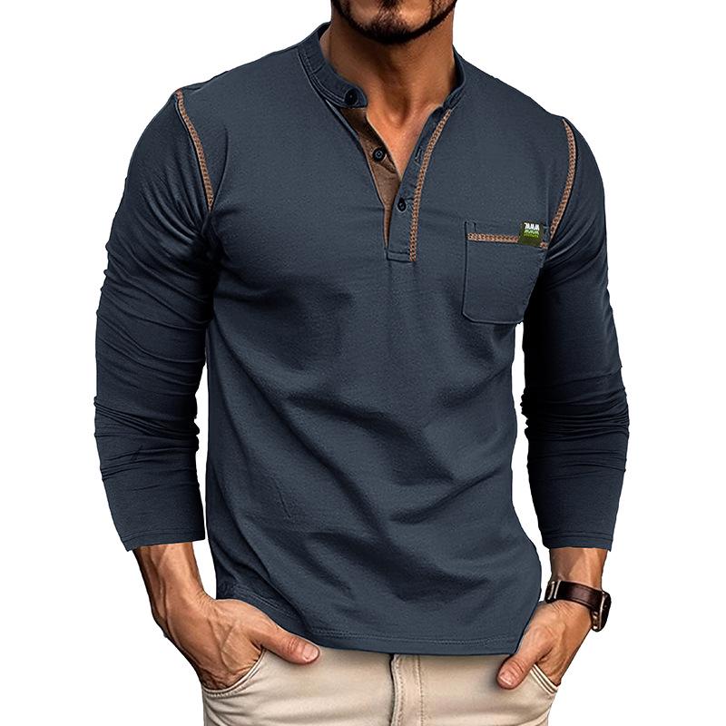 Футболка Henley Colorblock для мужчин с длинным рукавом в европейском и американском стиле, осень/зима 2023 г.