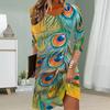 Women Casual Dress Autumn Peacock Feathers Print Dresses For Women O-neck Short Sleeve Dress Plus Size