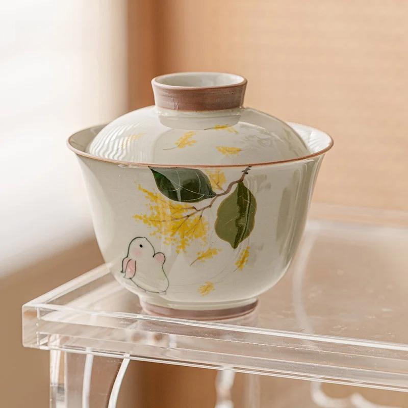 150 мл растительный ясень Gaiwan, ручная роспись, милый кролик, керамическая чайная супница Ercai, чайная чашка, чайная чаша с защитой от ожогов, высококачественный чайный набор кунг-фу