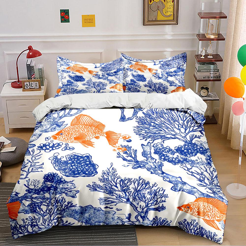 Underwater Coral Fish Pattern Bedding Duvet Cover Set Duvet Cover Pillowcases (1*Duvet Cover 2*Pillowcases, without duvet insert)