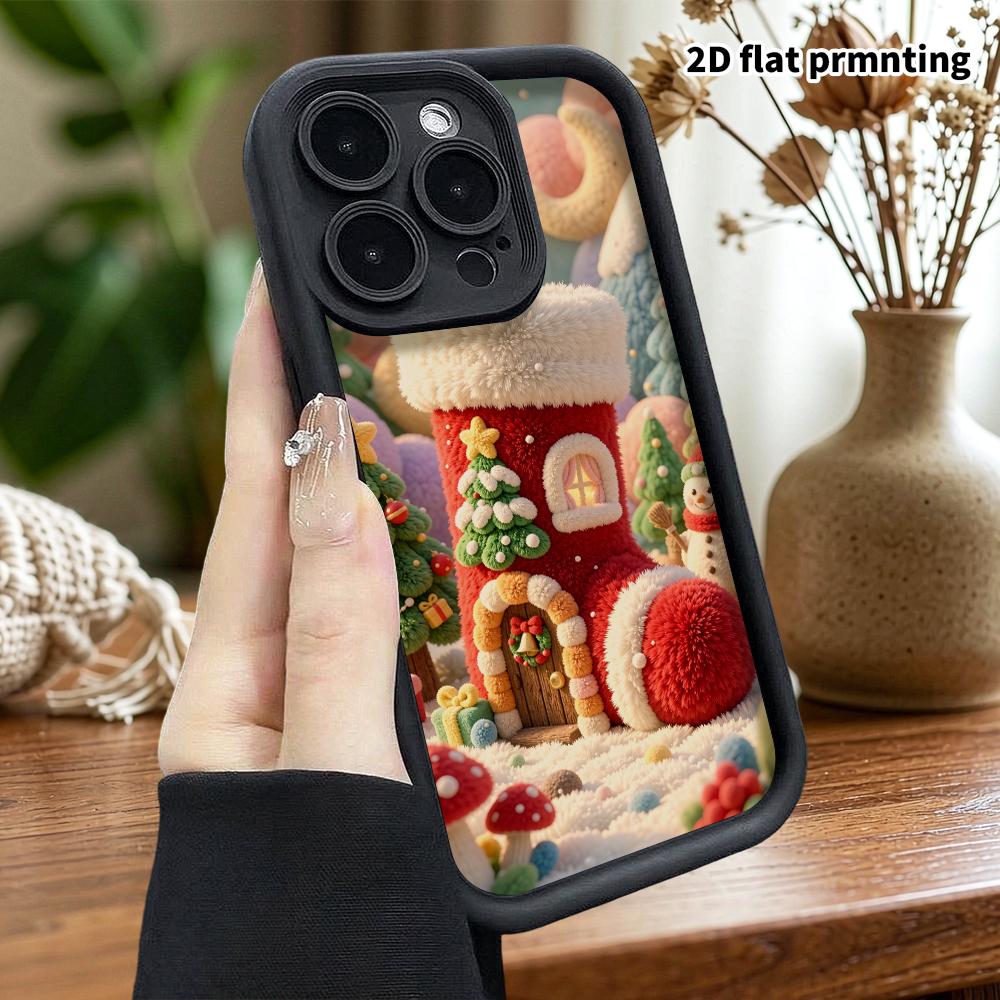 Phone Case: 2D flat design suitable for iPhone 18, 17, 16, 15, 14, 13 Pro protective case, Christmas stocking cabin, Christmas and Halloween, perfect