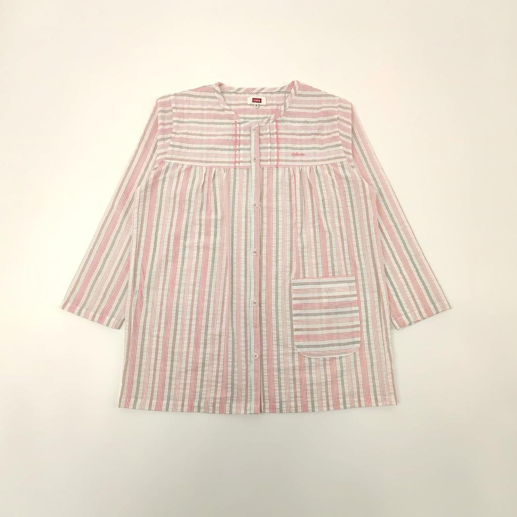 Takihyo EDWIN Long Sleeve Pajama Soccer Check and Stripe Shirt Pink Stripes Women's Set, 100% Cotton, Pattern, Open-Front Pajamas,