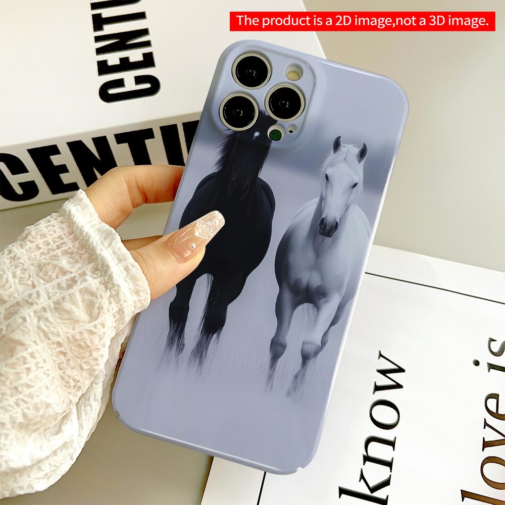 2DFlat Black and White Horses in Mist All inclusive film hard phone case, compatible with iPhone 18 Pro Max 17 16 15 14 13 12 11