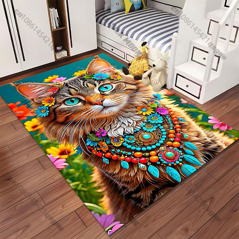 Colorful cat adorned with flowers carpet Yoga living room room decor children's crawling mat doormat area rug games mat