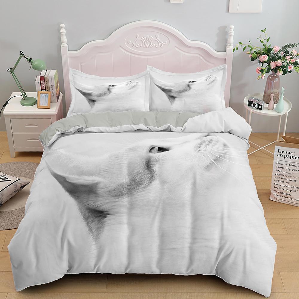 White Cat King Queen Duvet Cover Kawaii Pet Kitty Bedding Set For Kids Teens Adults Family Animal 2/3pcs Polyester Quilt Cover