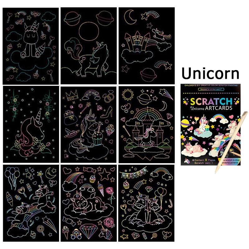 1Book Magic Rainbow Color Cartoon Scratching Paper 9PCS/Set DIY Scratch Graffiti Card Kit School Rewards Gift Party Souvenir ZYF