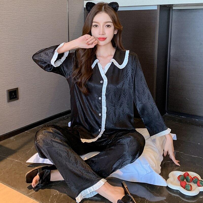 Женский пижамный комплект из ледяного шелка, тонкий атласный костюм с длинными рукавами