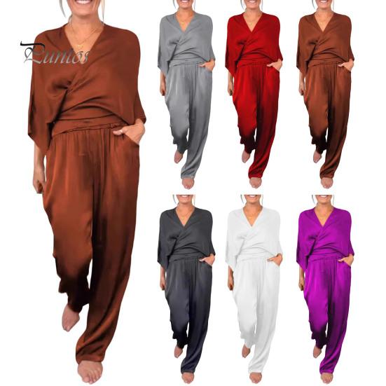 Женский комплект из 2 предметов: топ, брюки, V-образный вырез, длинные рукава, блузка с перекрещивающимися бретелями, высокая талия, плиссированные широкие брюки, формальный наряд для поездок на работу на весну и лето