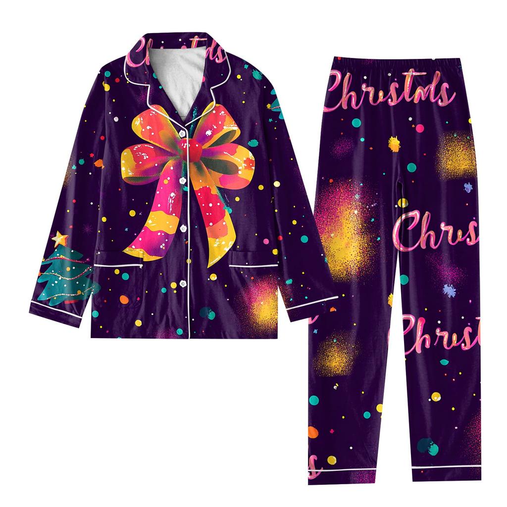 Child 2 Piece Christmas Day Printed Suit Long Sleeve Button Up Top Wide Leg Pants Suit Set Pajamas Home Casual Suit
