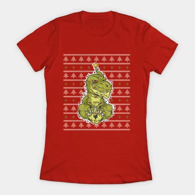 Dinosaurs Wrapped In Christmas Lights Funny Christmas Womens TShirt