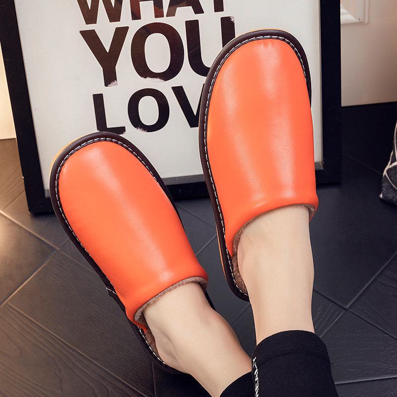 Водонепроницаемые кожаные шлепанцы слипоны с теплой плюшевой подкладкой для пар