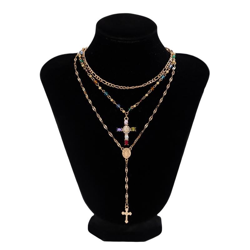 3/4Pcs Simple Jesus Cross Pendant Choker Stacking Necklace For Women Trendy Colorful Crystal Chain Christian Jewelry Gift