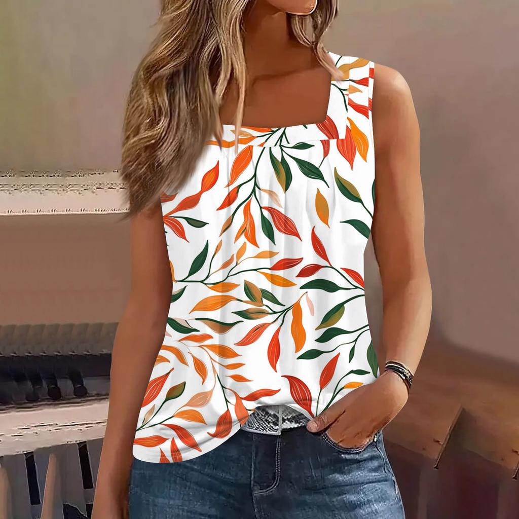 Женская плиссированная футболка без рукавов с квадратным вырезом и цветочным принтом