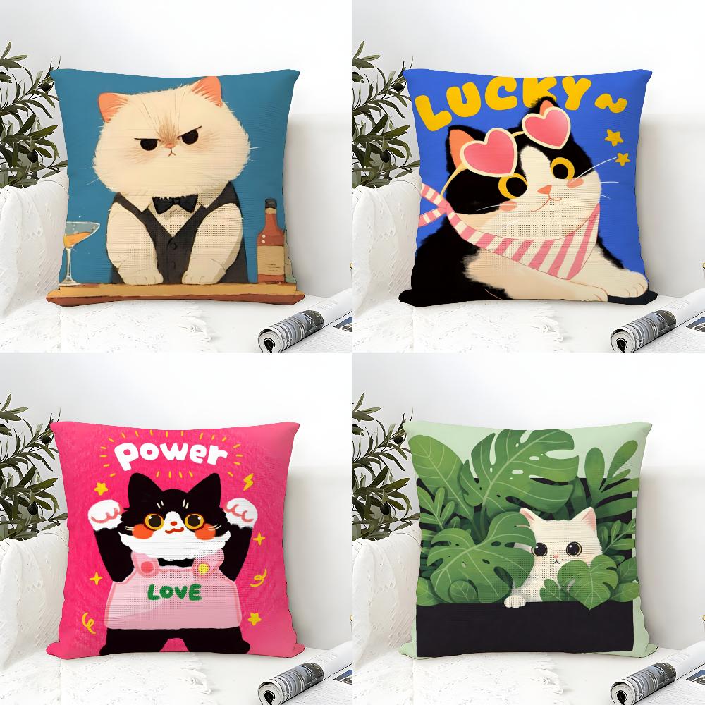 Cute Cartoon Cat Patterns Pillow Case Cotton Linen Fabric Square Zipper Pillowcase Home Decorative Living Room