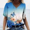 Summer V-neck 3D Butterfly Printed Top Fashionable Casual Short Sleeved Women's T-shirts