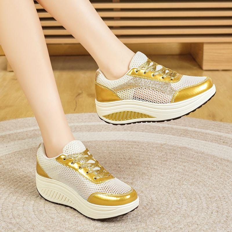 Women's Height Increase Gold Wedge Sneakers Summer Casual Thick Sole Loafers Girls Silver Minimalist Maternity Shoes