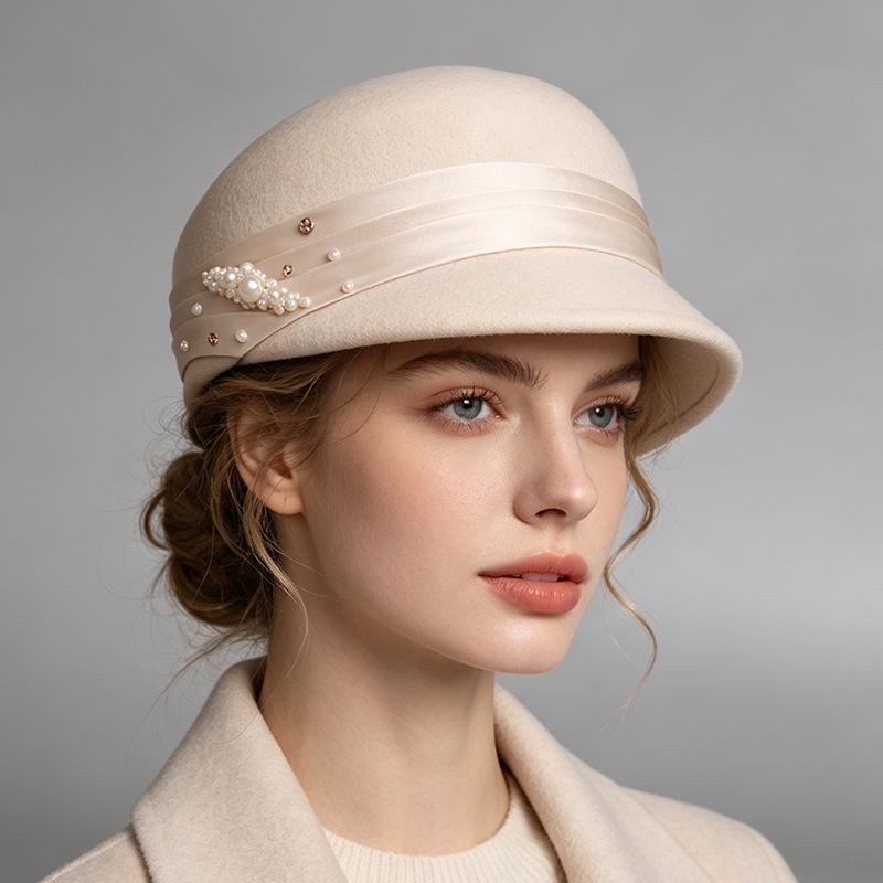 Hepburn style pleated satin bead string wool top hat women's winter fashion versatile concave top basin hat temperament trendy top hat