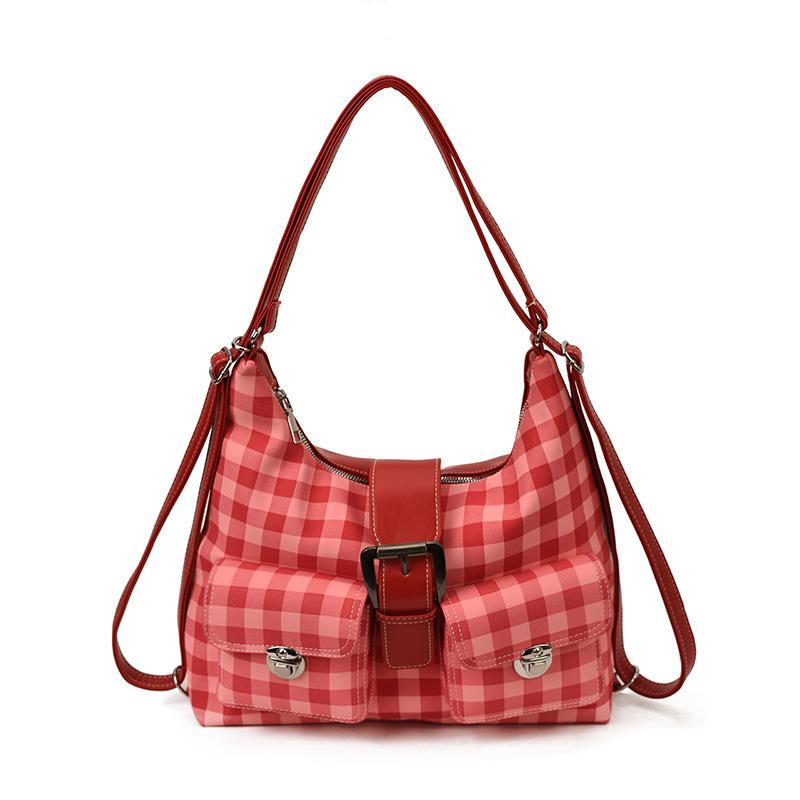 Vintage plaid tote bag large capacity locomotive style casual double shoulder shoulder bag fashion belt design underarm women's bag