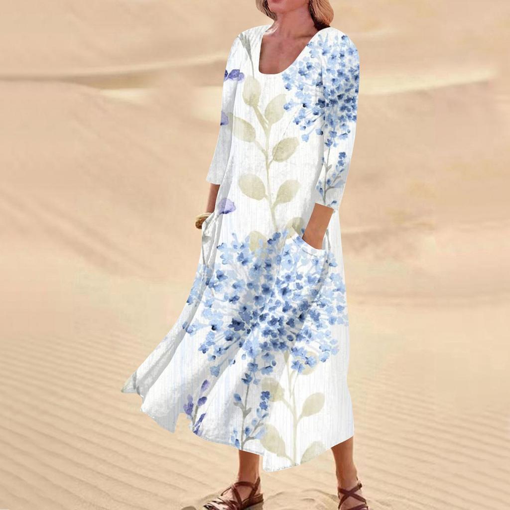Женское повседневное удобное хлопковое карманное платье с цветочным принтом и рукавами три четверти