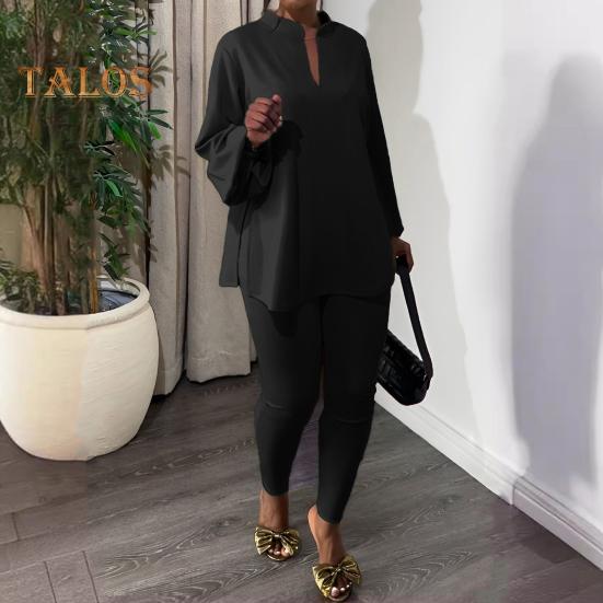 2 шт./компл., женский топ, брюки, комплект с воротником-стойкой и длинным рукавом, свободная блузка с разрезом по краю, эластичная талия, облегающие брюки, повседневная одежда, летняя одежда