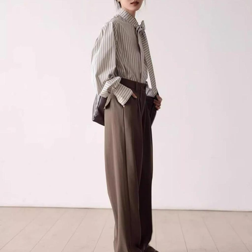 Женская полосатая рубашка с бантом — новая мода весны/осени, стильные длинные рукава, французский стиль, повседневный шик.