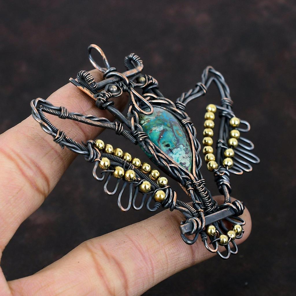 Azurite Malachite Pendant Copper Wire Wrapped Pendant Gemstone Owl Pendant Handmade Copper Jewelry Unique Pendant Wire Wrap Jewelry For Gift