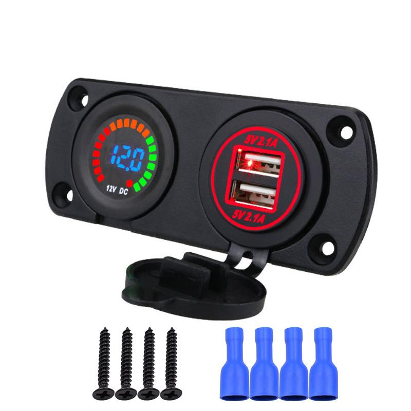 Панель с 2 отверстиями, 4,2 А, двойное зарядное устройство USB, Водонепроницаемый вольтметр 12 В постоянного тока, цветной экран, светодиодный цифровой дисплей для авто, грузовика, квадроцикла, лодки