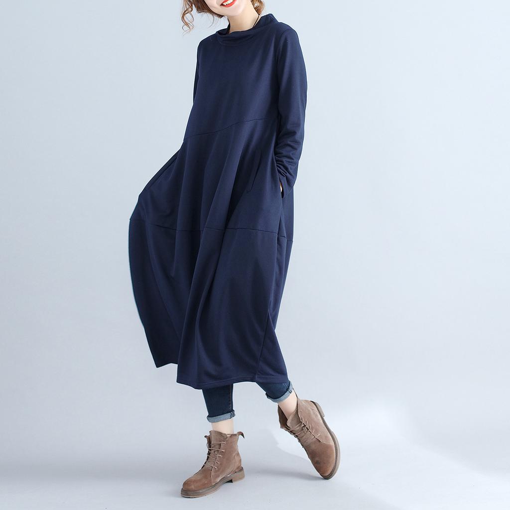 Retro Solid Color Lantern Skirt, High Neck Style Long Dress, Cotton and Linen Sewn Long Sleeve Dress