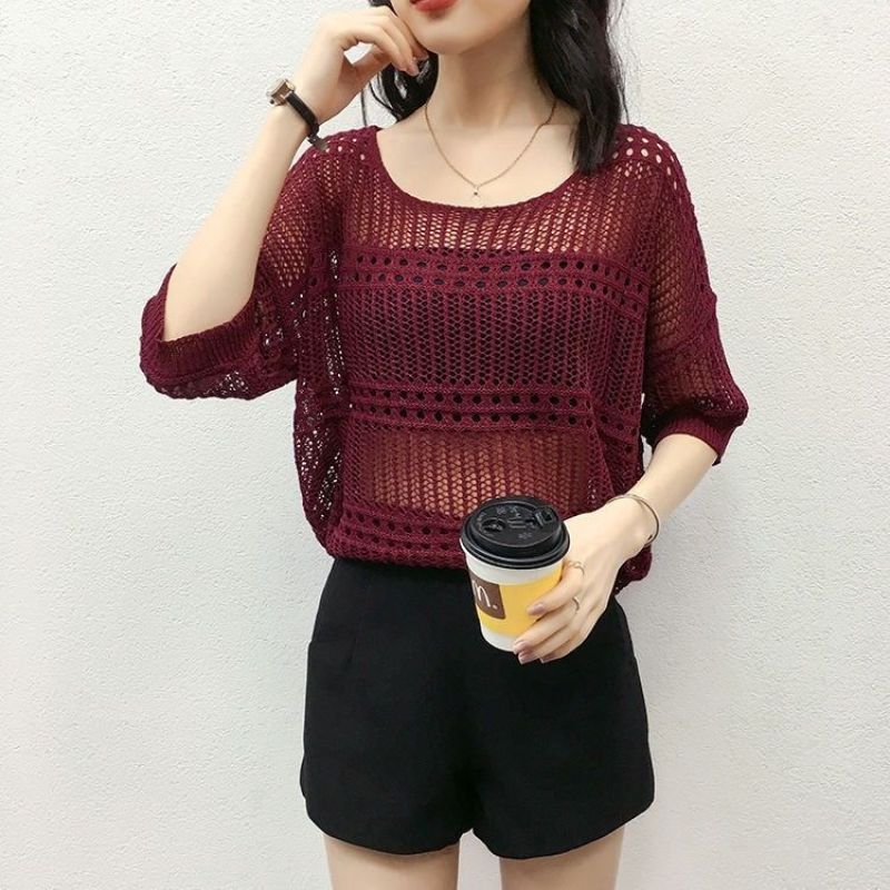 Female Hoodie Leisure, Elegant, Sexy Spring Hollow Round Neck Short Sleeve Knitted Top Summer Short-sleeved Hollowed Out Knit Shirt
