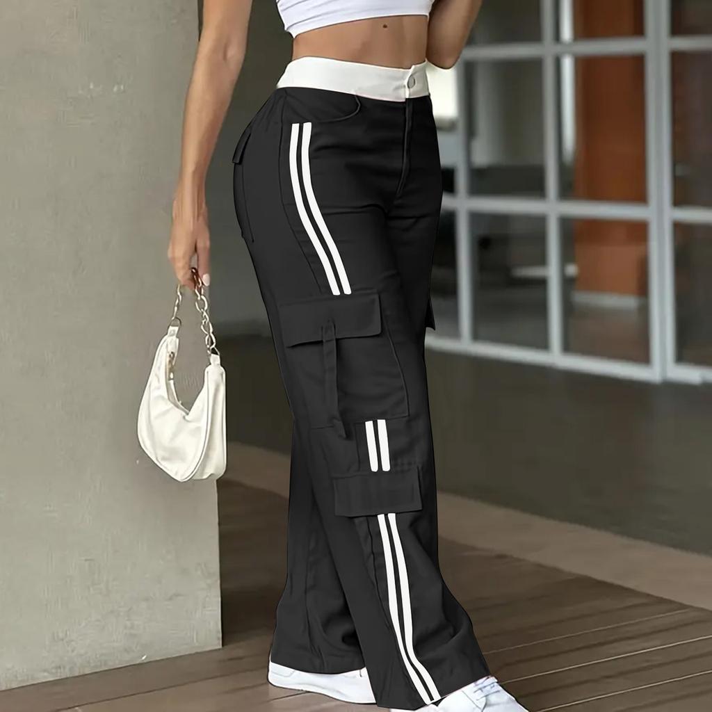 Ladies' Fashionable Side Striped Straight Leg Pants With Elastic Waist Pocket, Casual Sports Pants