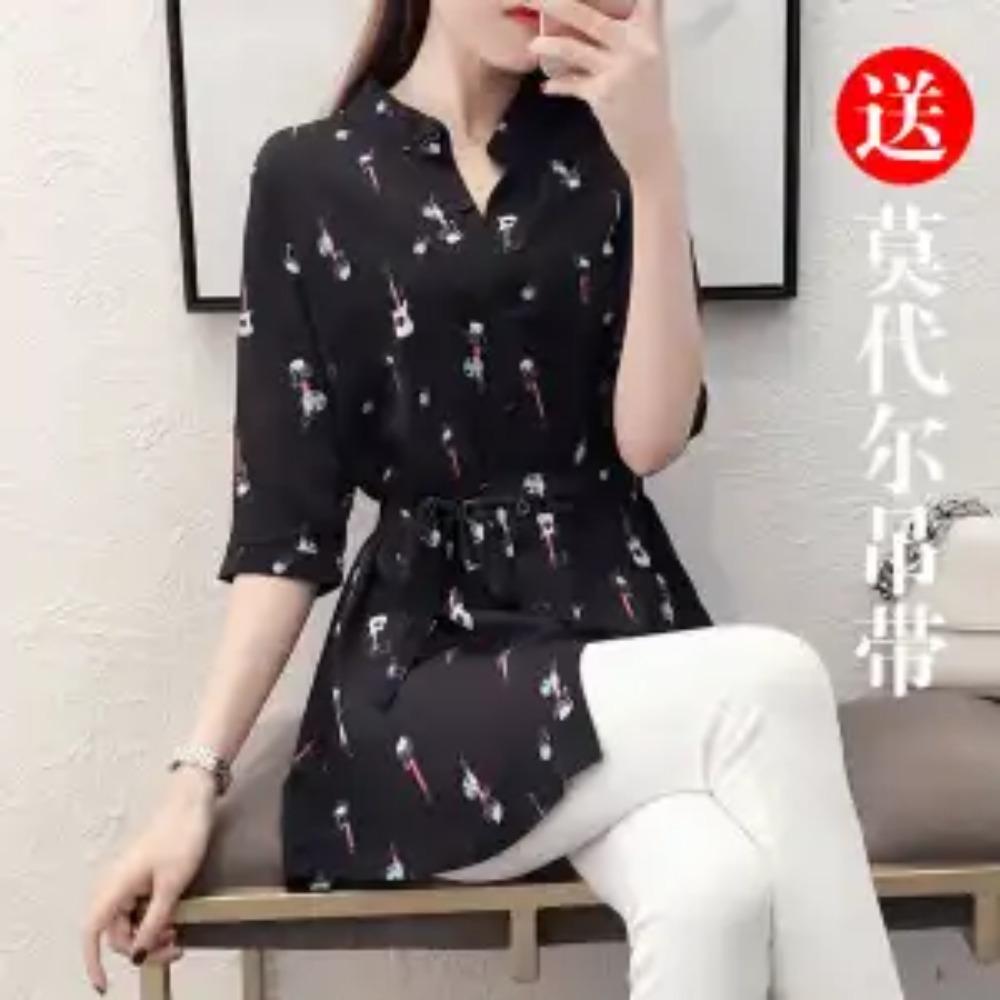 Женская одежда Мода Блузка с принтом Элегантная кулиска на талии Свободная Летняя Повседневная С рукавом три четверти Корейская Однобортная рубашка Новинка