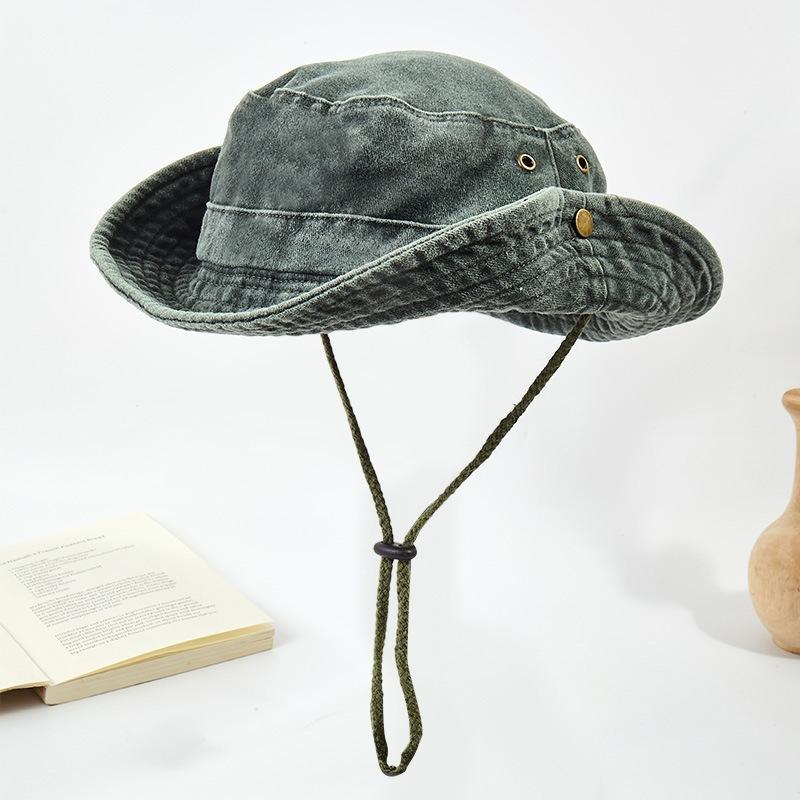 Washed new board with sunshade foldable basin hat outdoor fishing windproof rope big eaves hat denim bucket hat sun protection