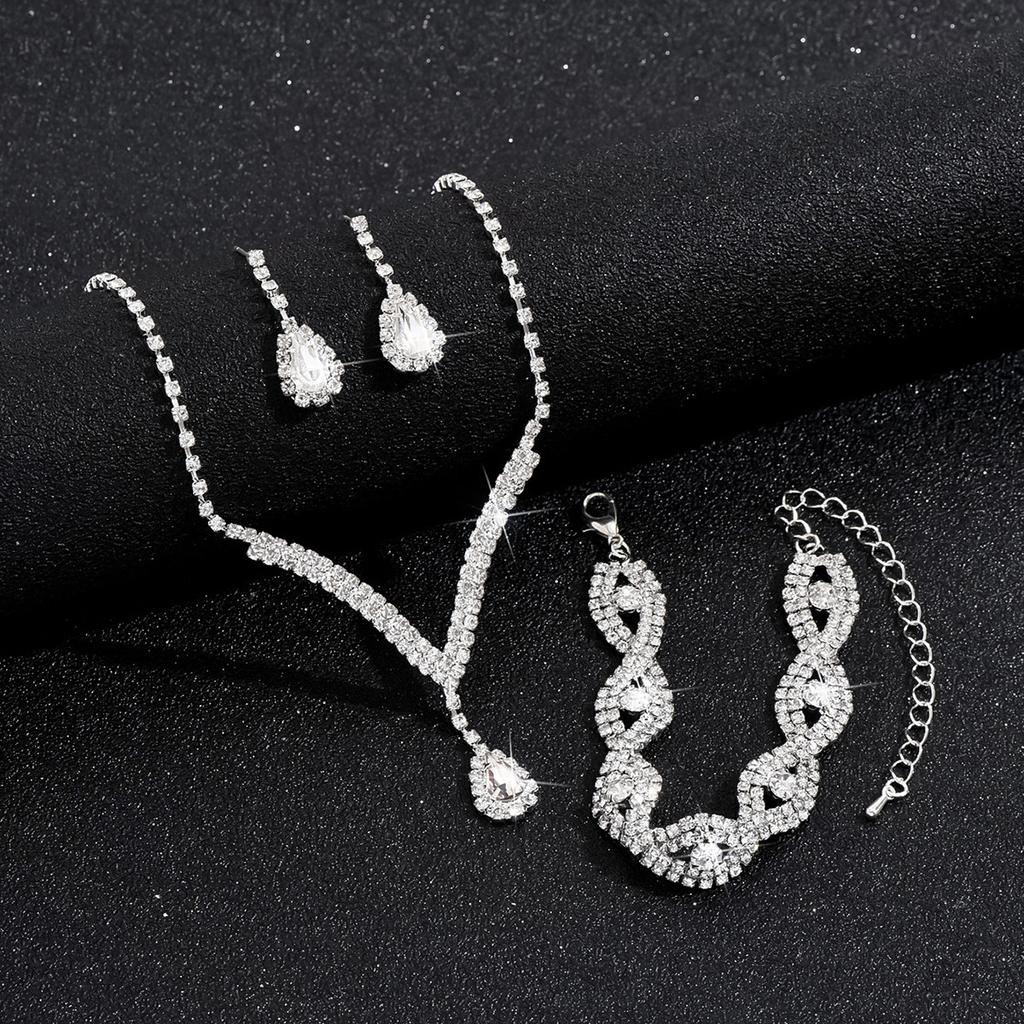 3 Pcs Luxury Rhinestone Bride Zircon Set for Women Black Water Drop Crystal Earrings Wedding V Necklace Eye Bracelet Fashion-