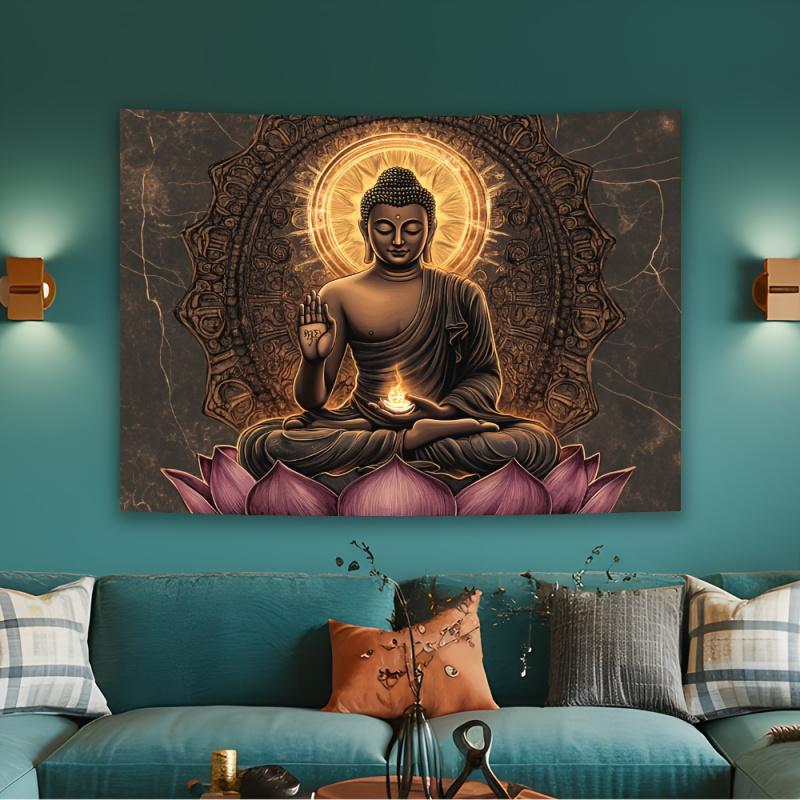 VIKAMA Lotus Buddha Golden Aura Tapestry Will Bring A Peaceful Sacred Atmosphere To Your Living Room Bedroom Or Meditation Space