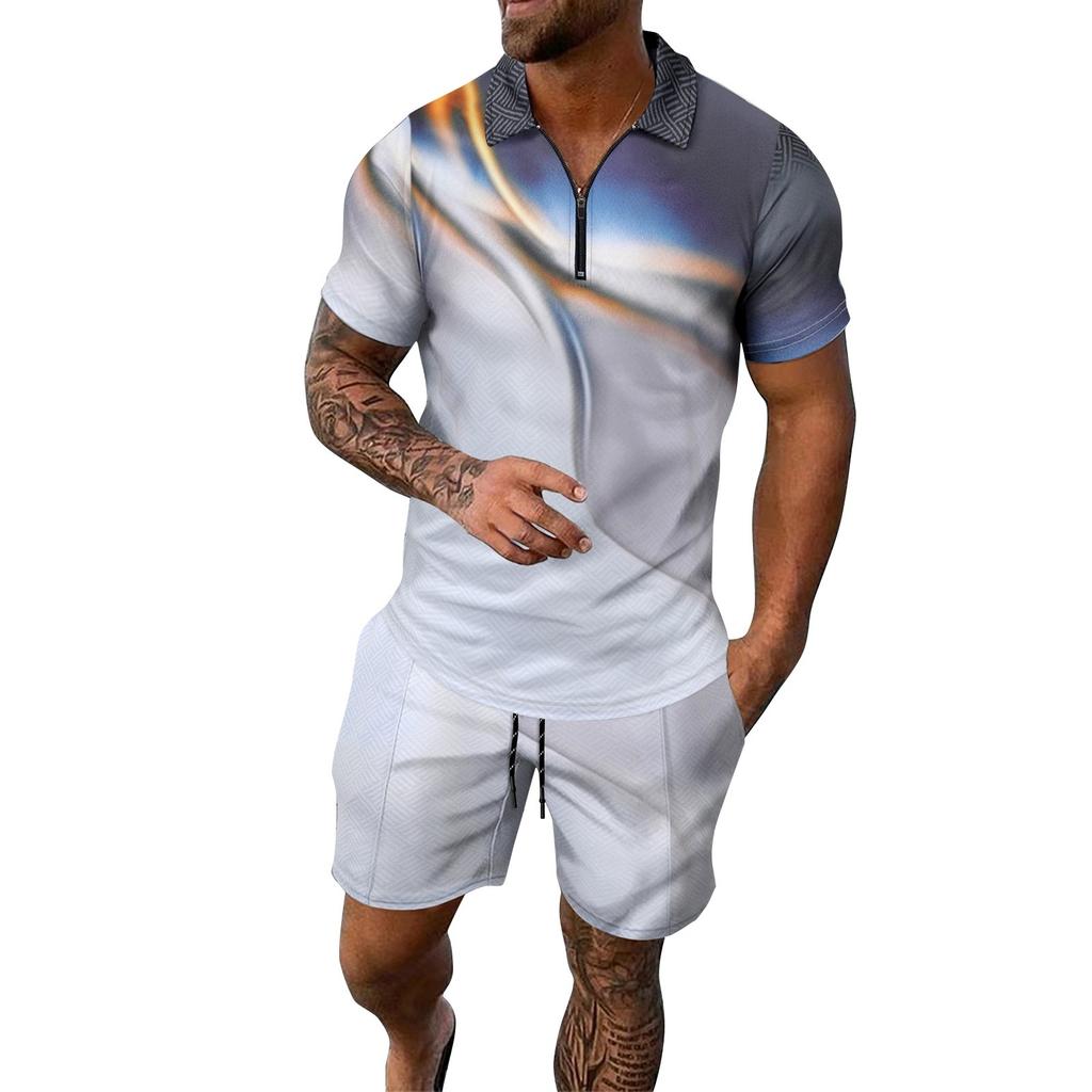 Мужской летний костюм с короткими рукавами и короткими шортами на молнии с принтом, мужской повседневный спортивный костюм