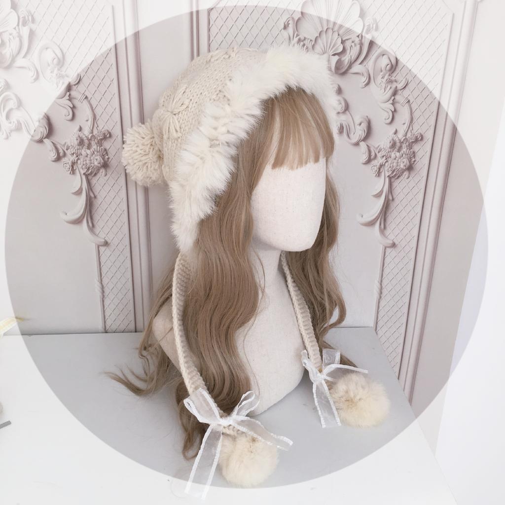 Hat Soft Lolita Element Autumn and Winter Warm Rabbit Fur Ear Protection Hat Knitted Wool Hat Cute Fur Ball
