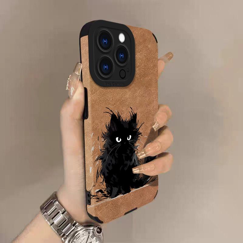Черный кот Кожаная чехол-книжка для телефона из кожи ягненка Для iPhone 17 Pro Max Air 16 15 14 13 12 11 Pro Max Plus X XS MAX XR Жесткая задняя крышка